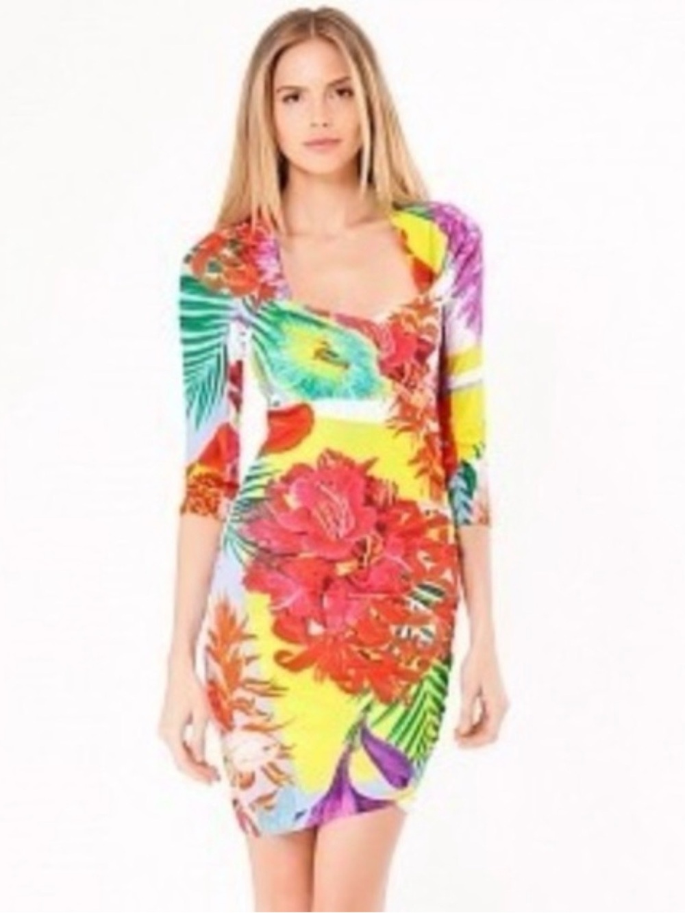 Hale Bob Lise Matte Jersey Dress Tropical Floral Faux Wrap Ruched